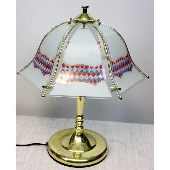 Vtg 1990s White Reverse Printed Checkered Gold Colored Bell Touch Lamp Red White - Picture 4 of 10